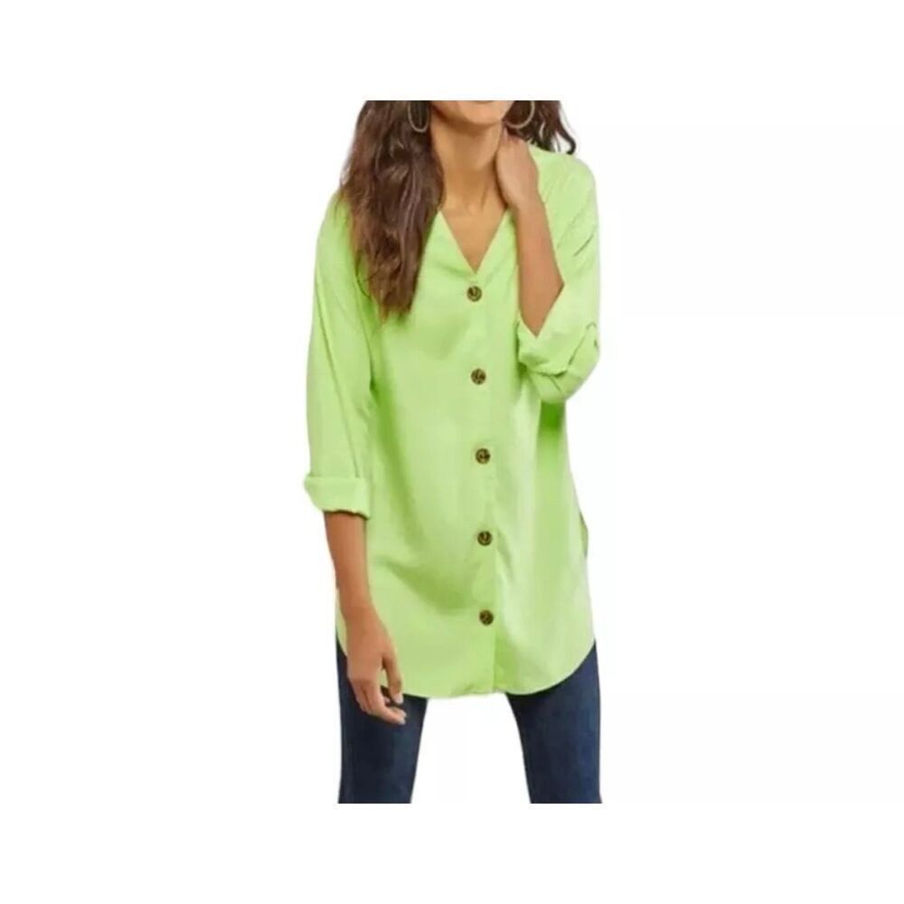Soft Surroundings Wendy Lime V-Neck Oversized Button Down Tunic Top sz S